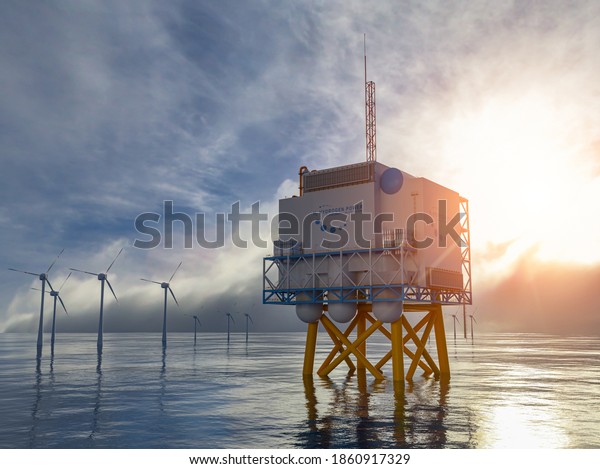 Hydrogen renewable offshore energy production\
- hydrogen gas for clean electricity solar and windturbine\
facility. 3d\
rendering.