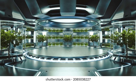 Hydroponics Lab Room On Spacecraft With Circle Podium Empty.3D Rendering