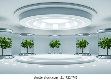 Hydroponics Lab Room On Spacecraft With White Circle Podium Empty.3D Rendering