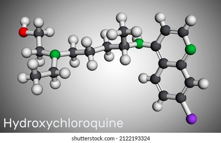 Hydroxychloroquine Molecule. It Is Antimalarial Medication Used To Treat Malaria, COVID-19, Rheumatoid Arthritis, Lupus Erythematosus. Molecular Model. 3D Rendering. Illustration