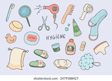 Hygiene and bath objects illustrations set.