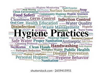 Hygiene Practices Word Cloud. Comprehensive Terms Related to Sanitation, Disease Prevention, Personal Hygiene, and Public Health. Ideal for Educational and Medical Use.