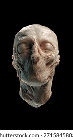 Hyper-detailed 3D render of a disturbing humanoid creature head with closed eyes and stretched skin texture on a black background, ideal for horror, dark fantasy, sci-fi, and concept art.