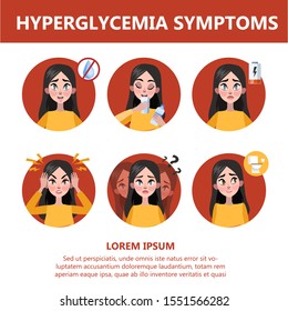 Hyperglycemia symptoms and signs. Blurred vision, dizziness, headache and thirst. Idea of disease treatment and healthcare.  illustration in cartoon style