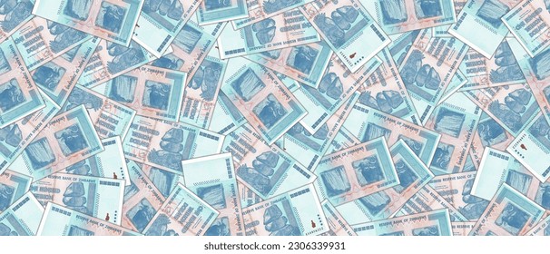 Hyperinflation illustration. Seamless pattern. Randomly scattered banknotes of 100 trillion Zimbabwean dollars. Wallpaper or background.