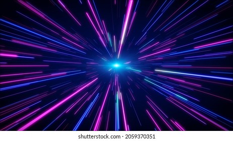 Hyperjump in space. Multicolored glowing neon rays. High speed tunnel motion zooming in. 3d rendering