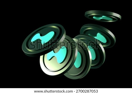 Hyperliquid HYPE cryptocurrency isolated on dark background with motion effect. Dynamic illustration suitable for designing concepts related to cryptocurrencies. High-quality 3D rendering.