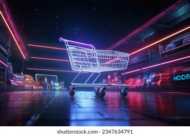 Hypermarket neon banner gleams, featuring cart and online touch, illuminating expansive shopping. - Powered by Shutterstock