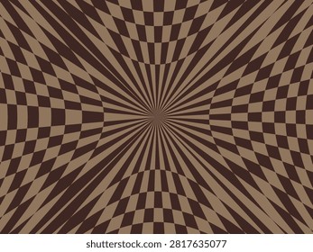 A hypnotic abstract background featuring a distorted checkerboard pattern with radial lines, creating a dynamic optical illusion effect in shades of brown and dark tan.