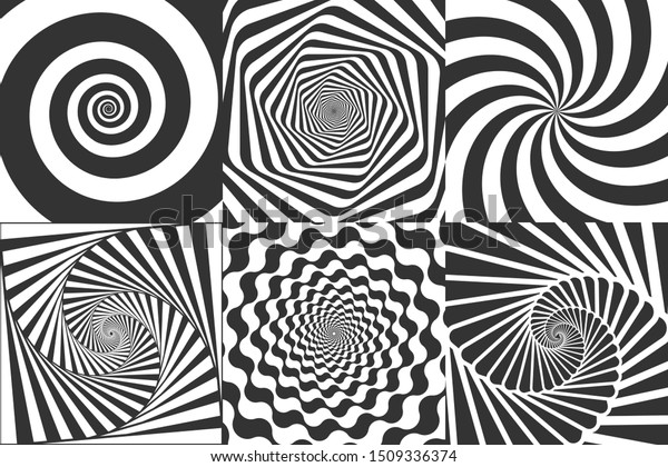 催眠薬の渦巻き 渦状催眠器 めまい幾何学的幻覚 回転する縞模様 光学的サイケデリック妄想 催眠療法のスパイラルイリュージョンイラストセット の イラスト素材