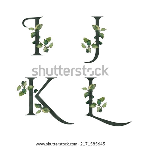 I, J, K, L initial letters; watercolor floral monograms with melissa twigs, isolated on white. Dark green serif alphabet. For wedding invitations and cards, special event and celebration materials