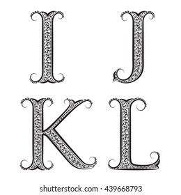 I, J, K, L Vintage Patterned Letters. Bitmap Font In Floral Baroque Style.