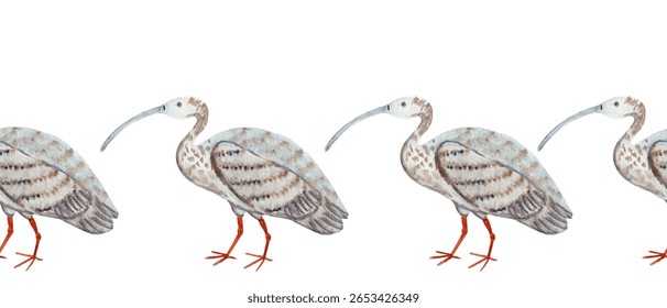 Ibis bird, patterned feathers isolated on white watercolor seamless border isolated on white. Perfect for eco packaging, wildlife books, birdwatching blogs, travel magazines, decor. Hand painted.