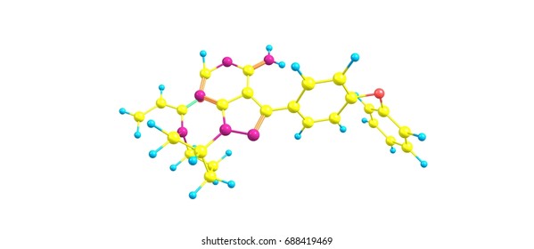 Ibrutinib Is A Small Molecule Drug That Binds Permanently To A Protein, The Drug Is Used To Treat B Cell Cancers Like Mantle Cell Lymphoma. 3d Illustration