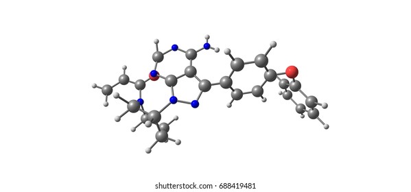 Ibrutinib Is A Small Molecule Drug That Binds Permanently To A Protein, The Drug Is Used To Treat B Cell Cancers Like Mantle Cell Lymphoma. 3d Illustration