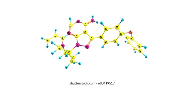 Ibrutinib Is A Small Molecule Drug That Binds Permanently To A Protein, The Drug Is Used To Treat B Cell Cancers Like Mantle Cell Lymphoma. 3d Illustration