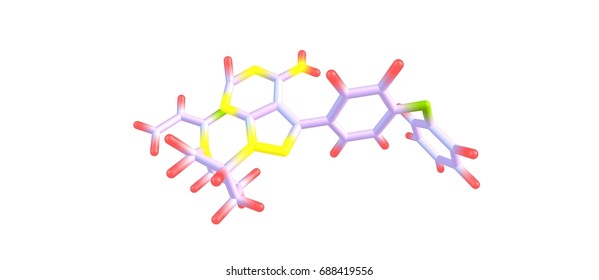 Ibrutinib Is A Small Molecule Drug That Binds Permanently To A Protein, The Drug Is Used To Treat B Cell Cancers Like Mantle Cell Lymphoma. 3d Illustration