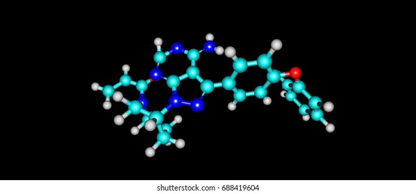 Ibrutinib Is A Small Molecule Drug That Binds Permanently To A Protein, The Drug Is Used To Treat B Cell Cancers Like Mantle Cell Lymphoma. 3d Illustration