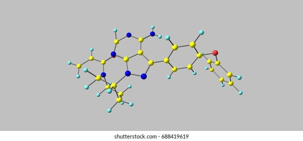 Ibrutinib Is A Small Molecule Drug That Binds Permanently To A Protein, The Drug Is Used To Treat B Cell Cancers Like Mantle Cell Lymphoma. 3d Illustration