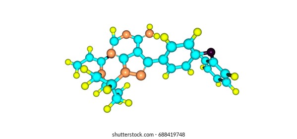 Ibrutinib Is A Small Molecule Drug That Binds Permanently To A Protein, The Drug Is Used To Treat B Cell Cancers Like Mantle Cell Lymphoma. 3d Illustration