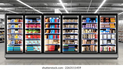 Ice cream and birthday cake on shelf mockup and 3D illustration In supermarket with colorful and brandless labels. Suitable for presenting new product and new designs of labels among many others. - Powered by Shutterstock