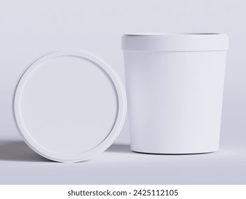  Ice cream buckets. Realistic blank white mockup of ice cream paper food container. 3D render illustration empty for mockup collection