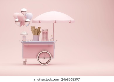 Ice cream cart sweet frozen food kiosk with balloon. Ice cream cart market and stand ice cream cart. Food cart on pastel background for vehicle branding, corporate identity. 3d render 
 - Powered by Shutterstock