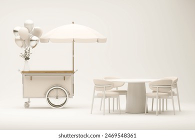 Ice cream cart sweet frozen food kiosk with balloon. Ice cream cart market and stand ice cream cart. Food cart on pastel background for vehicle branding, corporate identity. 3d render - Powered by Shutterstock