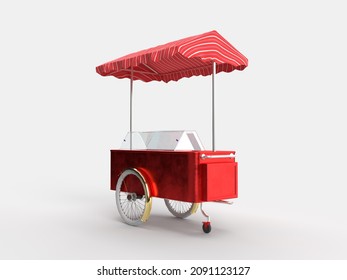 ice cream cart white isolated background. Food, ice cream, popcorn, hot dog trolley serving. Street cart with awning 3d rendering. Realistic red ice cream trolley.