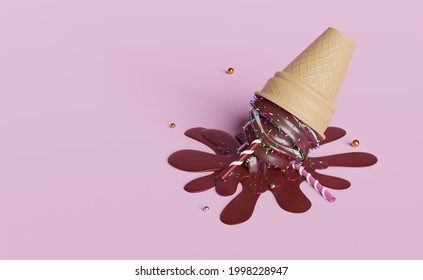 ice cream chocolate with topping in waffle cones fallen isolated on pink pastel background. 3d illustration or 3d render