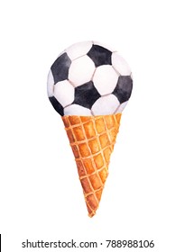Ice cream cone with football ball. Watercolor sport concept