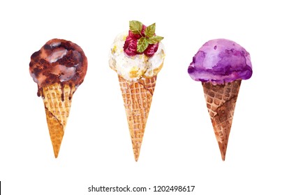 Ice cream, hand-drawn watercolor. You can use it as a design element for menus, cards, cooking web pages.