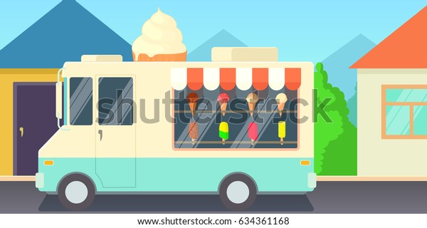 Ice cream\
horizontal banner concept shop. Cartoon illustration of ice cream\
shop  horizontal banner for\
web