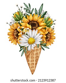 Ice cream horn with sunflowers and daisies flowers bouquet. Hand drawn floral illustration