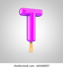 Ice cream letter T uppercase. 3D render of fruit juice ice cream font with wooden stick isolated on white background.