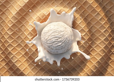 Ice cream with milk splash. Sweet illustration concept. 3d rendering