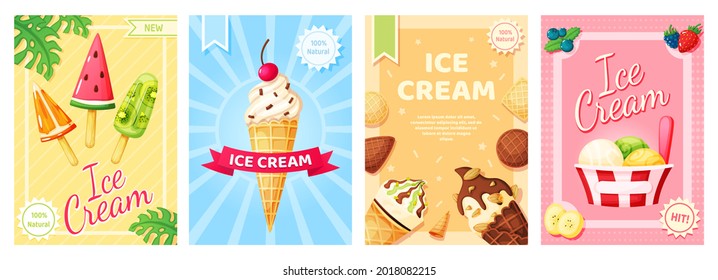 Ice cream poster. Cold summer desserts promotional banner. Flyer template with vanilla, chocolate sundae, fruit ice, popsicle for shop, cafe menu, restaurant  set. Natural product advertisement - Powered by Shutterstock