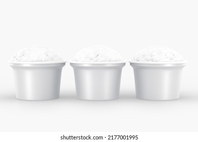 Ice Cream Scoops In Cups. Realistic Set Of Blank Paper Or Plastic Buckets, Bowls With Texture Vanilla Sundae, Yogurt Or Sorbet Isolated On White Background. Mockup Food Containers, 3d Render Packaging