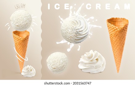 Ice cream. Scoops of cream, ice cream with waffle cone and cream photography. 3D illustration for banners, landing pages and web pages with summer motifs