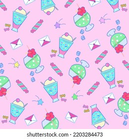 Ice Cream Soda And Candy Hand Drawing Illustration. Girly Anime Design Retro Japanese City Pop Background Pattern Concept. Cute 80s Element In Manga Style Pastel Color Wallpaper.