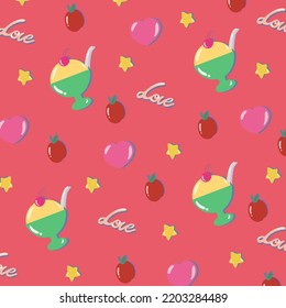 Ice Cream Soda And Cherry Or Heart Hand Drawing Illustration. Girly Anime Design Retro Japanese Background Pattern Concept. Cute 80s Element In Manga Style Pastel Color Wallpaper.