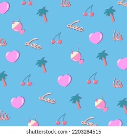 Ice Cream Soda And Cherry Or Palm Tree Hand Drawing Illustration. Girly Anime Design Retro Japanese Background Pattern Concept. Cute 80s Element In Manga Style Pastel Color Wallpaper.