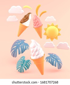 Ice cream soft serve is floating in the pink summer sky.-3d rendering.