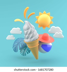 Ice cream soft serve is floating in the blue summer sky.-3d rendering.