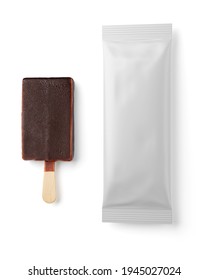 Ice cream template mock-up. Brown chocolate popsicle and clean package isolated on white background. 3D rendering and photo. - Shutterstock ID 1945027024