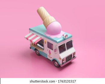 Ice cream truck 3D illustration with clipping path. 3D rendering