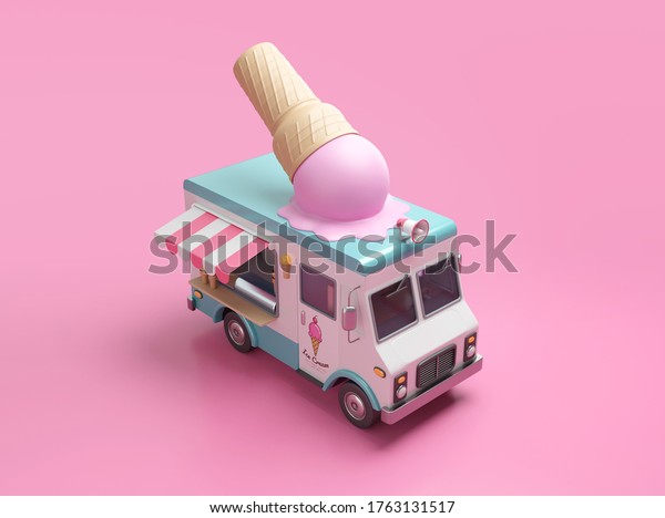 Ice cream truck 3D illustration with clipping\
path. 3D rendering