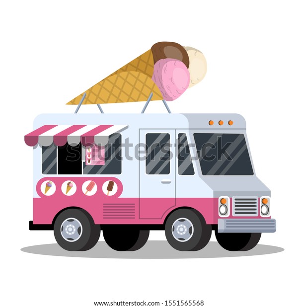 Ice cream truck. Van with\
sweet food. Delicious dessert transportation.  illustration in\
cartoon style
