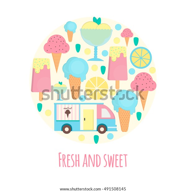 Ice cream van and bar in flat\
style. illustration in circle shape for bars, restaurants,\
menu.