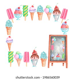 Ice cream watercolor frame. Chalk board with pictures. Fruit ice cream. Ice cream in a glass. Ice cream cone. Summer dessert. Bright colors. For printing on postcards - Powered by Shutterstock